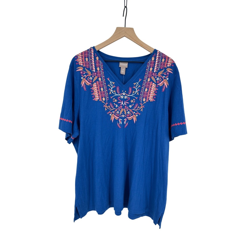 Chico's Top 4 XXL Blue Embroidered V-Neck Short Sleeve Boho Floral Casual NWT - Picture 2 of 11